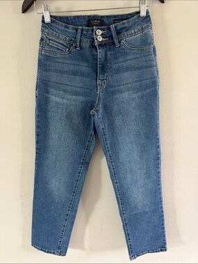 Curve Label Mid-Blue Ankle Jeans with Double Button Waist
